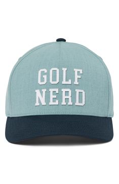 the golf nerd hat in light blue and navy is shown with white lettering on it