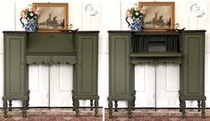 two side by side pictures of a green cabinet and vase with flowers on top, one in front of the other