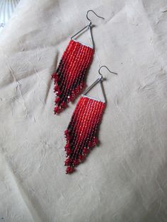 seed bead fringe earrings in different colors. colors are red, aqua. Handmade by me. about 4 inches long. very lightweight. additional items ship free. Red Fringe Tassel Earrings With Round Beads, Red Tassel Earrings With Fringe And Round Beads, Red Long Drop Beaded Earrings In Bohemian Style, Red Long Drop Beaded Bohemian Earrings, Red Bohemian Long Drop Beaded Earrings, Red Beaded Fringe Tassel Earrings With Round Beads, Red Beaded Dangle Earrings With Tassels, Red Beaded Fringe Tassel Earrings, Red Beaded Fringe Dangle Earrings