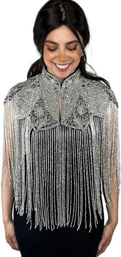 PRICES MAY VARY. Our Cape / Cardigans / Bolero are Made of high quality polyester fabric, embellished sequins and beads. Size: One size fits most. Match perfectly with your 1920s flapper outfit, also charming with any other types of dresses, sweater, shirts, etc. Design: See-through evening shawl and wrap embellished with beads and sequins, metal hook closure, ends with elegant tassel. Stylish outfit for daily wear, also can be wore as a vintage 1920s flapper outfit for a special event such as G Evening Shawls And Wraps, Art Deco Clothing, Flapper Outfit, Flapper Party, Sequin Cape, Bridal Art, Soiree Dress, 20s Fashion, Stylish Party