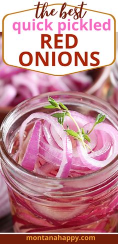 Close-up of sliced red onions in a clear mason jar with an herb sprig on top.