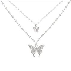 Simple Double Layer Diamond Butterfly Pendant Necklace Shiny Butterfly, Butterfly Pendant Necklace, Wedding Party Jewelry, Trendy Necklaces, Chain Choker Necklace, Elegant Necklaces, Butterfly Necklace, Butterfly Pendant, Girls Earrings