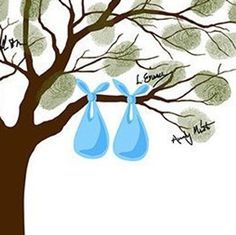 a tree with two blue bags hanging from it's branches, and the words love is