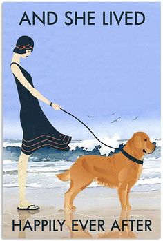 there is a woman walking her dog on the beach and she lived happily ever after