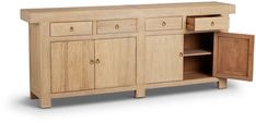 a wooden sideboard with drawers and cupboards