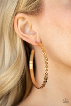 Stamped in dizzying textures, a glistening gold bar curls into an oversized hoop for a retro look. Earring attaches to a standard post fitting. Hoop measures approximately 2 3/4"" in diameter.

 Sold as one pair of hoop earrings. Paparazzi Accessories Jewelry, Silver Strand, Purple Pearl, Silver Frames, Teardrop Beads, Paparazzi Accessories, Blue Gems, Gold Bar, Retro Look