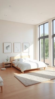 a bedroom with large windows and a bed in the middle, along with a white rug on the floor