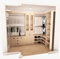 an open closet with clothes and shoes on the shelves, in front of a white wall