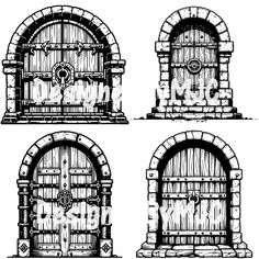 four wooden doors with arched windows, vintage line drawing or engraving illustration - stock image