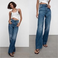 Zara Wide Leg Denim Jeans. Essential Quality Denim Jeans In This Medium Dark Wash. Wide Leg Fit, High Waisted. Brand New With Tags! Measurements 14” Waist 37” Long 25” Inseam Frayed Flare Jeans, Wide Leg Black Jeans, Zara Wide Leg Jeans, Blue High Waisted Jeans, Wide Leg Denim Jeans, Zara Trousers, High Rise Black Jeans, Faded Black Jeans, Blue Flare Jeans