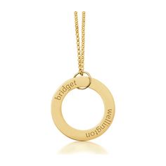 A timeless classic, the Gold Circle Necklace with 2 Names is sure to stun. Choose Front & Back Engraving to engrave the back with special dates, birth times, or birth weights. Pendant is vermeil, sterling silver base with 100+ mls of 24k gold, hangs on an 18" 14k gold filled chain and is available in lowercase font only. Pendant measures 1" in diameter Choose "Front & Back Engraving" to add additional engraving to the back of your Tiny Tag! In the Monogram Text box, enter front engraving Tiny Tags, Gold Circle Necklace, Mini Melissa, Circle Pendant Necklace, Gold Circle, Boy Accessories, Shop Jewelry, Circle Necklace, Circle Pendant