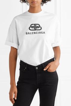 White Oversized printed cotton-jersey T-shirt | Balenciaga | NET-A-PORTER Balenciaga Earrings, Balenciaga Jeans, Balenciaga Tote, Balenciaga Jacket, Balenciaga Clothing, Home Logo, Personal Shopper