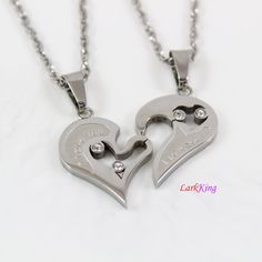 "LarkKing NE6610 Stainless steel love necklace, couples heart necklace with crystals on the stainless steel hearts, one set for couples Size: 1 1/4\"x1\" (2 pcs together) Chain: Stainless steel To select Chain Style and Length from a drop down menu: Cable chain: 16\", 18\", 20\", 22\", 24\", 26\", 28\". Wheat chain: 16\", 18\", 20\", 22\", 24\", 26\", 28\". Rope chain: 18\", 20\", 22\", 24\". Box chain: 18\", 20\", 22\", 24\". Quantity Unit: two pendants with two chains (same length) together. G Couples Necklaces, Equestrian Necklace, Handwriting Necklace Custom, 14k Gold Initial Necklace, Compass Jewelry, Necklace Friendship, Wanderlust Jewelry, Handwriting Necklace, Gold Moon Necklace