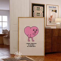 DIGITAL DOWNLOAD: Retro Wall Art, Nice Butt Quote Print, Funny Bathroom Printable, Pink Heart Character Trendy Wall Art, Apartment Aesthetic, Digital Prints - I Hope Your Day Is As Nice As Your Butt Please note this is an INSTANT DIGITAL DOWNLOAD NO PHYSICAL PRINT will be shipped to your address You'll receive 2 PDFs: 1 - PDF with a link to the files located in Dropbox 2 - Instructions It's important to read the INSTRUCTIONS PDF to ensure you download the files correctly. Please note...You will need to download and save the files to a computer....not a phone. You will then be able to upload to an online lab, save on a usb or print at home. You will receive 5 jpg files in the following sizes: 1. 4:6 ratio for Printing: INCHES: 4 x 6 | 6 x 9 | 8 x 12 | 10 x 15 | 12 x 18 | 16 x 24 | 20x30 | 2 Please Dont Do Coke In The Bathroom Painting, Art Apartment Aesthetic, Humorous Bathroom Art, Please Don't Do Coke In The Bathroom Print, Don’t Do Coke In Bathroom Print, Funny Bathroom Art Vintage, Heart Character, Wall Art Apartment, Bathroom Printable