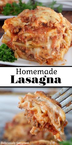 homemade lasagna with meat and cheese on top is shown in two separate images