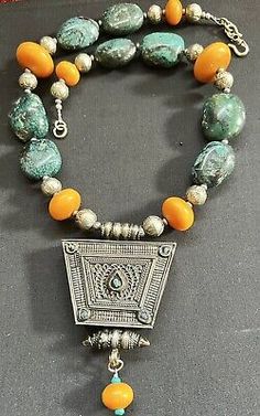 Huge Turquoise vintage filigree Gau Ghau W/ Nepalese turquoise & Copal Necklace.  | eBay Different Religions, Moroccan Tea, Beads Jewelry, Tea Room, Ancient History, Nepal, Silver Pendant, Jewelry Making, Turquoise