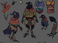 several different types of clothing and birds on a gray background, with one bird in the middle