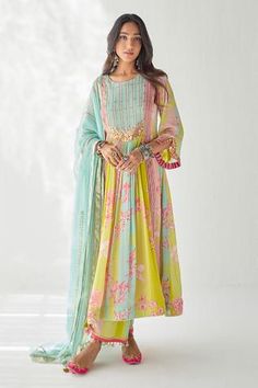 Shop for Rajiramniq Yellow Crepe Floral Print Kurta Palazzo Set for Women Online at Aza Fashions Yellow Kurta, Kurta Palazzo Set, Latest Dress Design, Lime Yellow, Casual Indian Fashion, Long Kurti Designs, Long Dress Design, Cotton Kurti Designs, Kurta Palazzo