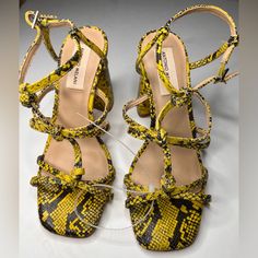 New Without Shoe Box Snake Print Yellow And Black Size 7 Chunky Heels Yellow Sandals With Heel Strap For Party, Yellow Heels With Ankle Strap And Heel Strap, Yellow Heels With Ankle Strap, Yellow Ankle Strap Sandals With Wrapped Heel, Yellow Sandals With Wrapped Heel And Ankle Strap, Yellow High Heel Sandals With Heel Strap, Yellow Platform Heels With Block Heel, Trendy Yellow Heels With Heel Strap, Yellow Platform Sandals With Block Heel