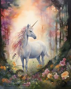 a painting of a unicorn standing in the middle of a forest with flowers and trees