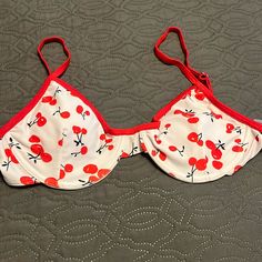 Adorable Cherry Print Underwire Fully Lined Adjustable Strap Top New Tags Red Cherry Print Swimwear For Spring, Red Cherry Print Swimwear For Summer, Red Cherry Print Swimwear For The Beach, Red Cherry Print Swimwear For Beach, Red Cherry Print Swimwear, White Padded Swimwear For Spring, White Underwire Lined Swimwear, Red Padded Swimwear For Summer, Red Lined Swimwear For Summer