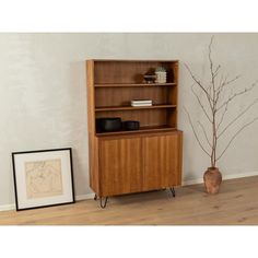 a wooden bookcase sitting on top of a hard wood floor next to a potted plant