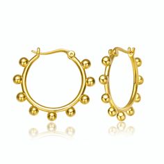 Stylish 14k gold plated hoop earrings. These hoop earrings feature interesting hoop design  decorated with large metal beads on the outside artfully crafted making the perfect hoop. crafted with 14k gold plating and secure with a saddleback closure. Perfect piece of jewelry for all combinations. Wipe to Clean Item Should not come in contact with water Sophisticated Look, Open Hoop Earrings, Hoop Design, Accessories Jewelry Earrings, Mens Jewelry Bracelet, Fine Earrings, Heart Jewelry, Gold Hoop, Metal Beads