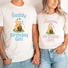 two people standing next to each other wearing t shirts that say, daddy and the birthday girl