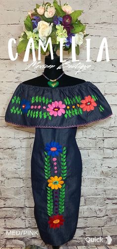 Off the shoulder Mexican denim dress. Hand embroidered with fine thread on soft denim 100% cotton fabric. Pair it up with one of our hand painted ceramic charm necklaces. Colors are based on ruffle trim. td {border: 1px solid #ccc;}br {mso-data-placement:same-cell;} OFF SHOULDER DENIM DRESS WIDTH BUST LENGTH SM 20-21" 40-42" 34-37" MED 22-23" 44-46" 38-39" LG 23-24" 47-48" 39-40" XL 27-28" 54-56" 39-40" 2XL MEASUREMENTS PER DRESS COLOR WIDTH BUST LENGTH BROWN 1 31.5" 63" 41" BROWN 2 29.5" 59" 38 Embroidered Bohemian Denim Dress, Summer Embroidered Denim Top, Summer Embroidered Blue Denim Top, Blue Embroidered Bohemian Denim Dress, Blue Bohemian Embroidered Denim Dress, Bohemian Denim Dress With Floral Embroidery, Embroidered Blue Denim Dress For Summer, Off Shoulder Denim Dress, Mexican Dresses