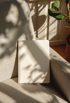 a white book sitting on top of a couch next to a potted plant in a living room