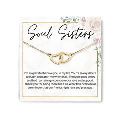 a card with the words soul sisters written on it and two interlocked hearts