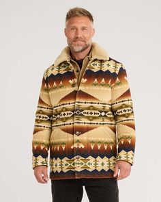 A Pendleton favorite, named for one of our earliest mills. Crafted from USA-woven blanket-weight wool, this iconic men's coat has a carefully matched pattern, and a beautiful genuine shearling collar. Button-front closure, two patch pockets. Inside, a special label tells the story of our Solstice Canyon design. 82% wool/18% cotton; genuine sheepskin collar. Lining: 100% polyester . Wool fabric woven in our American mills. Imported of USA-made fabric. | MEN'S BROWNSVILLE SHEARLING COLLAR COAT Book Clothes, Collar Coat, Wool Shirt, Collared Coat, Woven Blanket, Wool Fabric, Stylish Men, Mens Socks, Pajamas Women