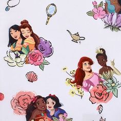 disney princess stickers on the back of a white sheet with flowers and other characters