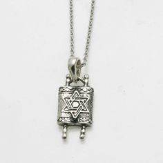 Sterling Silver Torah Star of David Necklace Oxidized - JewelryJudaica Sterling Silver Symbolic Necklace With Star Charm, Symbolic Sterling Silver Star Charm Necklace, Classic Silver Star-shaped Jewelry, Silver Star Of David Charm Jewelry, Sterling Silver Star-shaped Jewelry With Adjustable Chain, Silver Star-shaped Adjustable Necklace, Silver Necklace With Star Charm Round Pendant, White Gold Engraved Star Of David Necklace, Sterling Silver Star Jewelry With Adjustable Chain