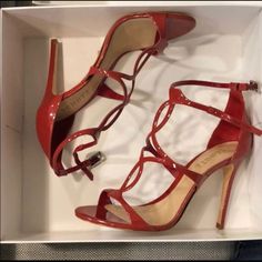 New In Box Leather Upper, Lining And Sole 4" Heel 3 1/2" Strap Height Made In Brazil True To Size Scarlet Red Color, Blue Stilettos, Black Block Heel Sandals, Black Ankle Strap Heels, Tan Pumps, Mesh Heels, Ankle Tie Sandals, Embellished Heels, Leopard Heels