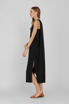 Drape-Back Dress | Cuyana Elegant Loungewear Dress With Side Slits, Chic Longline Maxi Dress For Loungewear, Chic Longline Midi Dress For Daywear, Chic Stretch Dresses For Loungewear, Elegant Midi Dress For Loungewear, Sleek Midi Dress For Daywear, Elegant Daywear Dresses With Side Slits, Longline Lounge Dress With Side Slits, Longline Loungewear Dress With Side Slits