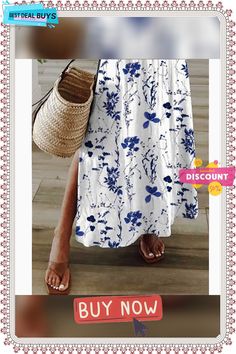 Women's Long Dress Maxi Dress Casual Dress A Line Dress Print Dress Flower Fashion Streetwear Daily Date Vacation Split Print Short Sleeve V Neck Dress Regular Fit Blue Spring Summer S M L Xl Xxl Blue Floral Dress For Beach, Blue Printed Floral Beach Dress, Flower-shaped Summer Dresses For Vacation, Short Maxi, Maxi Dress Short, Simple Summer Dresses, Short Maxi Dress, Womens Long Dresses, Womens Shift Dresses