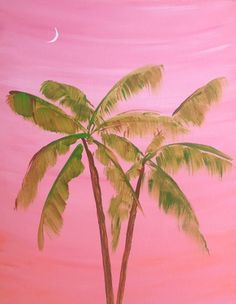 a painting of two palm trees against a pink sky