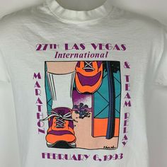 "Vintage 1990s 1993 Las Vegas Marathon Team Relay Small T Shirt Running White Cotton Made in USA Single Stitch Graphic Tee In very good used condition. Tag is a Medium but I feel it measures more similar to a modern Small. Check measurements to ensure fit. See photos. Width 18\" - Underarm to underarm Length 25\" - Measure from top of shoulder, at the edge of collar, to the bottom of the shirt Thank you!" Marathon Shirt Design, 90s Shirts Graphic Tees, Vintage Shirt Design, Marathon Shirts, Penguin T Shirt, 90s Shirts, Running Shirts, Vintage Sports, Tee Design