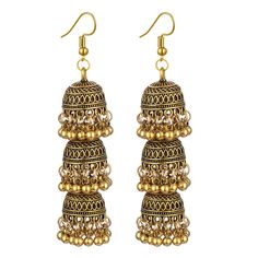 PRICES MAY VARY. Easy Catch: Very suitable for ethnic and traditional clothing. Oxidation gold plating design with hanging beads and tassels. It is anodized in a special dark antique plating to recreate the look of antique jewelry. Material: Each pair of dangle earrings is made of high-quality alloy, polished and carved.The tassel earrings are treated with retro technology to better reflect the charm of jhumki earrings. Size&Style: The Jhumki beaded bell dangle size: 3.14inch*0.39inch（8cm*1cm）.P Traditional Gold Tassel Earrings For Festivals, Traditional Gold Tassel Festival Earrings, Gold Bohemian Tassel Earrings For Festive Occasions, Traditional Gold Tassel Earrings With Dangling Beads, Dangling Beads Jhumkas For Diwali, Dangle Jhumkas With Dangling Beads For Diwali, Bohemian Dangle Jhumkas, Diwali Dangle Jhumkas With Dangling Beads, Bohemian Tassel Earrings With Latkans For Festivals