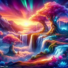 a painting of a waterfall with trees in the foreground and colorful lights above it