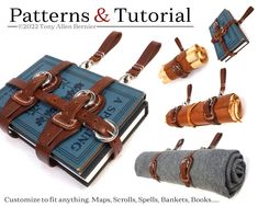 a book with leather straps and buckles is shown in several different ways, including the cover