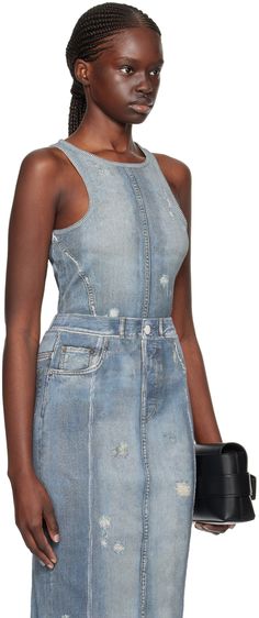 Cotton ribbed jersey tank top. Trompe-l'œil denim effect printed throughout. · Crewneck · Cropped hem Supplier color: Denim blue Halter Tank Top, Tank Top Straps, Jersey Tank Top, Studio Blue, Ribbed Tank Tops, Cotton Tank Top, Knitted Tank Top, White Tank Top, Ribbed Sweater