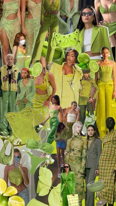 a collage of people in green outfits and hats with lemons on the side