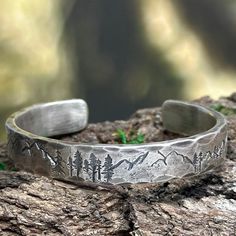 Bracelet Thick, Mountains And Trees, Silver Engraved Bracelet, Mens Bracelets, Black Sharpie, Personalized Bracelet, Sterling Silver Cuff Bracelet, Gift For Husband, Personalized Bracelets