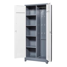 an empty metal locker with shelves and doors