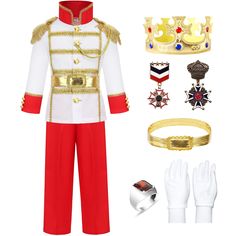 PRICES MAY VARY. Prince Costume Outfit for Boys:Premium polyester. Lightweight, soft, stretchy. White jacket with golden buttons, red pants. Elegant design, perfect for any occasion Realistic Prince Costume Accessories: King Crown,vintage badges,gemstone ring,and white gloves. Symbolizing status and honor, they add elegance and prestige, ensuring you stand out as royalty. Packing list and Size: 8PCS Set includes top, pants, belt, crown, 2 badges, gemstone ring, and white gloves. Fits kids aged 3 Prince Charming Costume, Vintage Badges, Prince Costume, Pants Elegant, Kids Costumes Boys, King Crown, Crown Vintage, Baby Boy Accessories, Red Pants