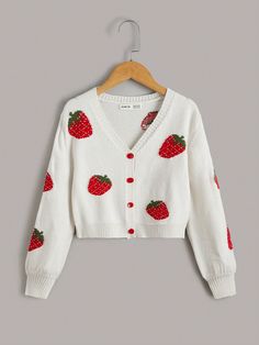 White Casual Collar Long Sleeve Worsted Fruit&Vegetable  Embellished Slight Stretch Spring/Fall Tween Girls Clothing Shein Outfits Aesthetic, Shein Kawaii, Strawberry Clothes, Strawberry Clothing, Strawberry Cardigan, Clothes Shein, Shein Kids, Drop Shoulder Cardigan, Style Kawaii