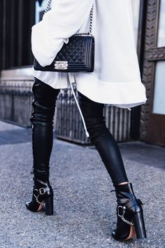 Chanel Boy Bag Outfit, Casual Fall Boots, Oversized White Shirt, Blogger Outfits, Black Leather Pants, Fall Essentials, Best Leggings, Forgive Me