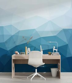 a white chair sitting in front of a wooden desk